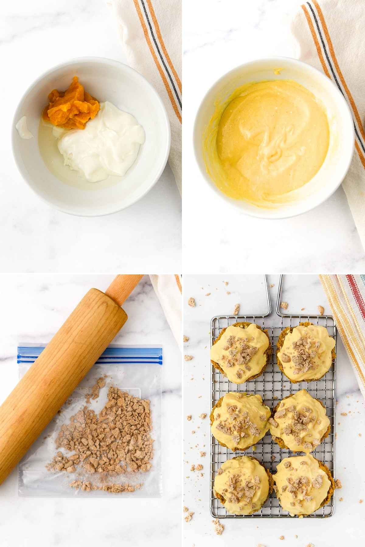 Making pumpkin yogurt frosting, crushing dog treats, and frosted and decorated pumpkin cupcakes.