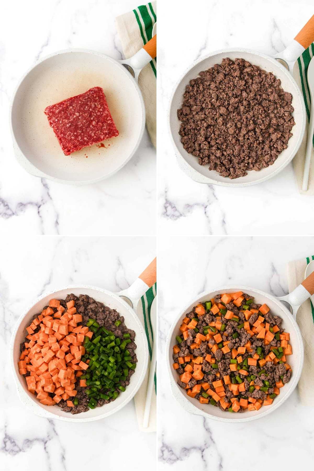Making dog food with ground lamb, sweet potatoes, and green beans.