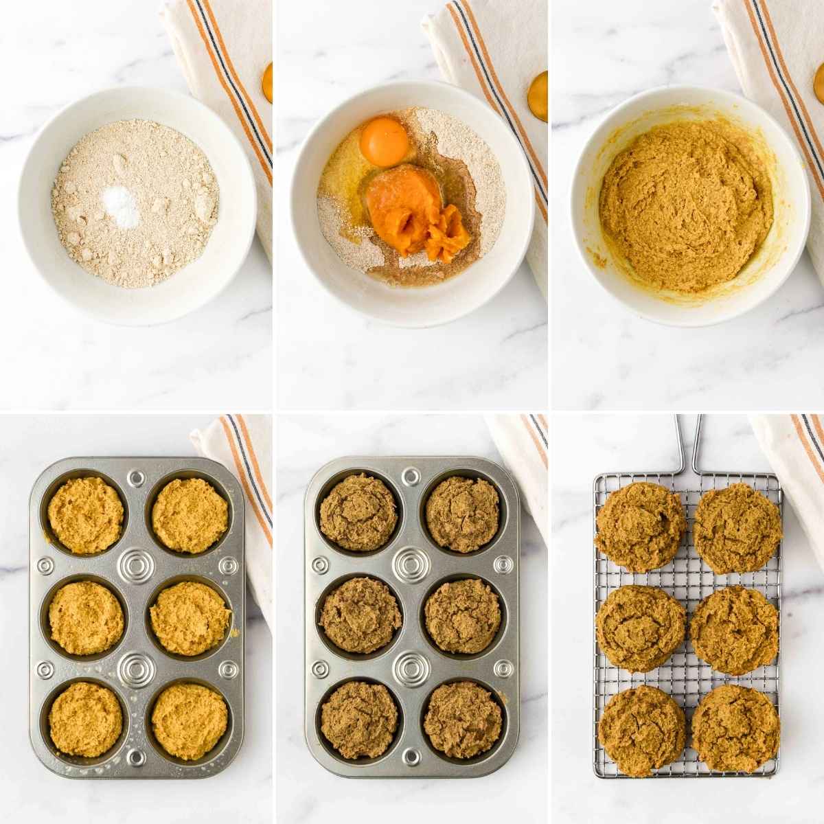 Making cupcakes with pumpkin puree, oat flour, baking soda, egg, coconut oil, and water.