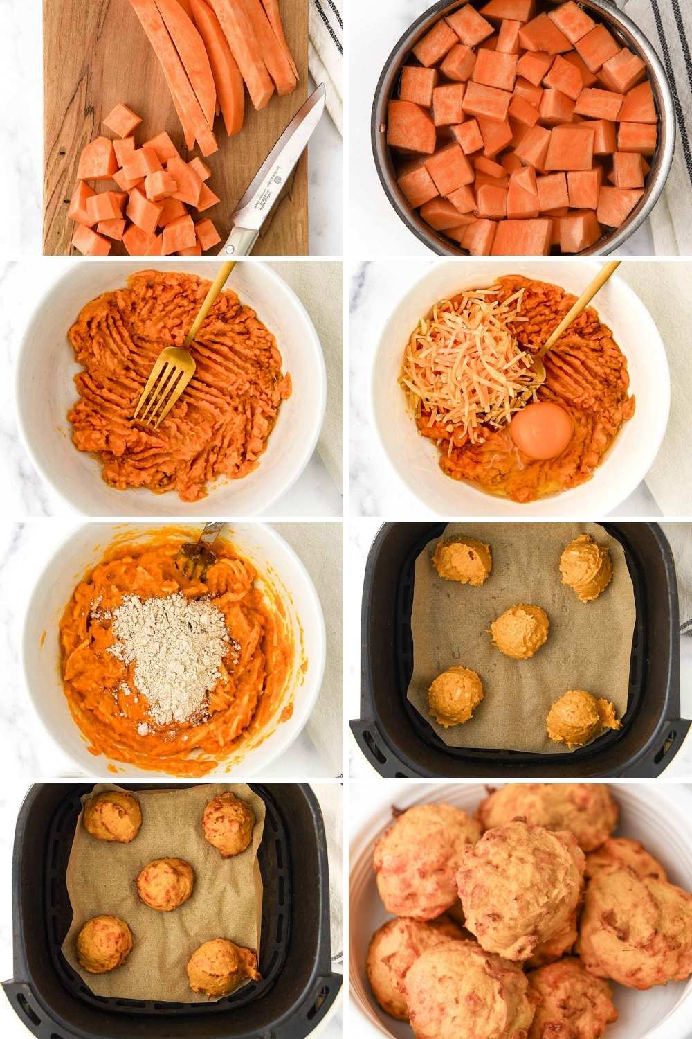 Making sweet potato egg bites and cooking them in an air fryer.