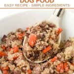 A bowl of homemade beef, carrot, and quinoa dog food.