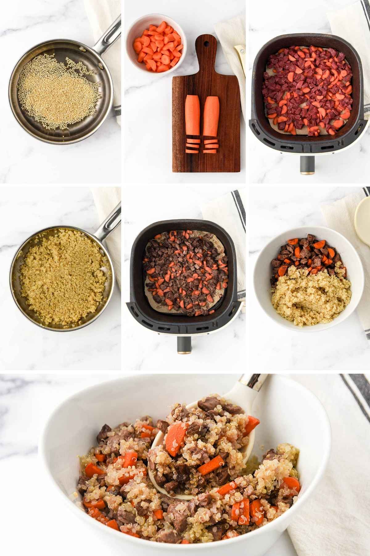 Making beef, carrot, and quinoa dog food using an air fryer and pan.