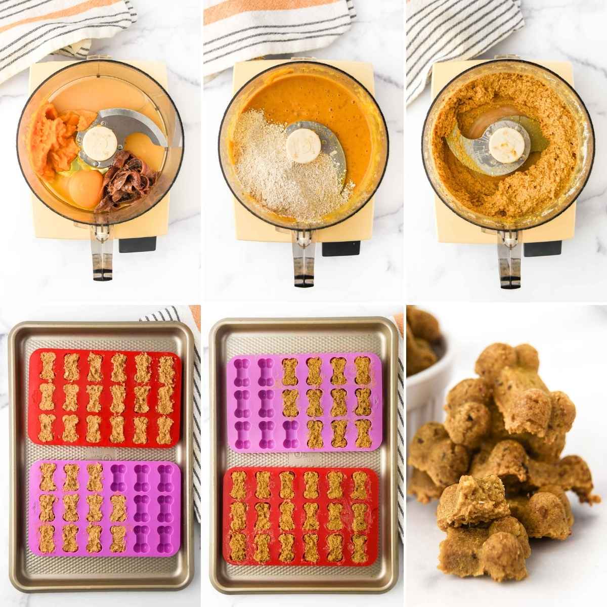 Making anchovy dog treats using a food processor and silicone molds.