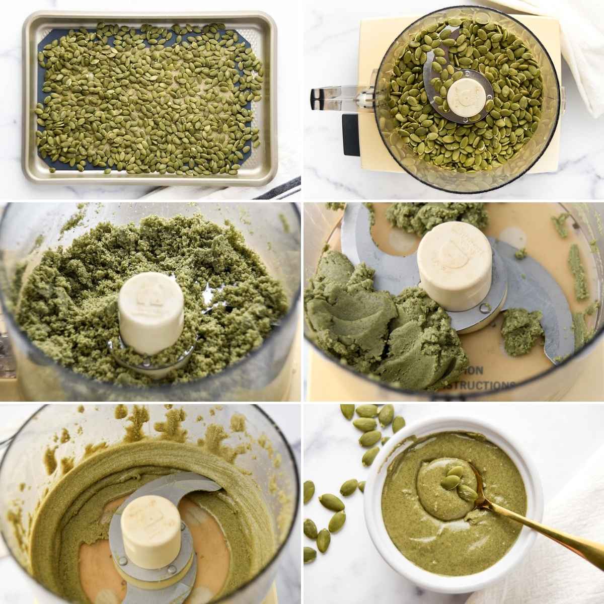 Roasting and processing pumpkin seed kernels to make pumpkin seed butter.